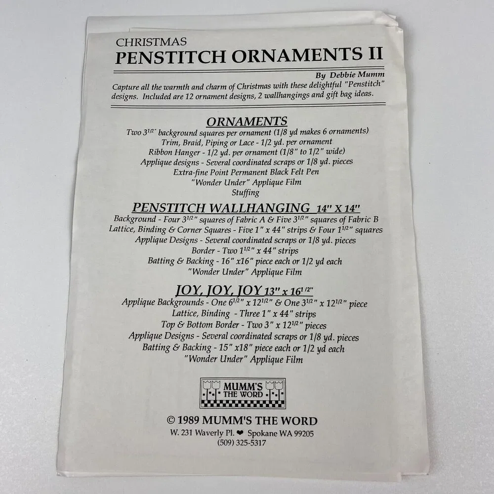 Mumm's the Word Christmas Penstitch Ornaments II 12 Designs 1989 Sewing Patterns